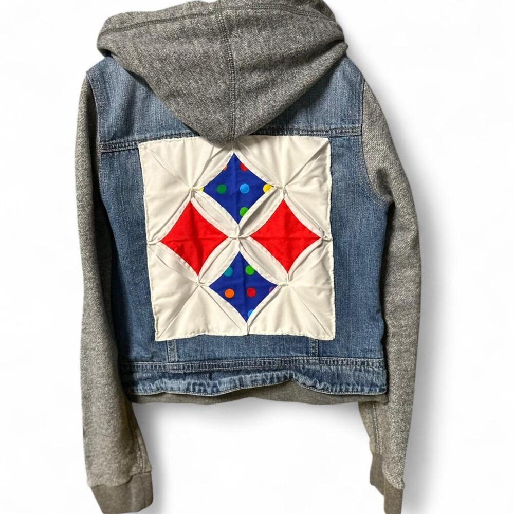 Custom upcycled 8-10 years AE kids denim hoodie jacket handmade cathedral quilt